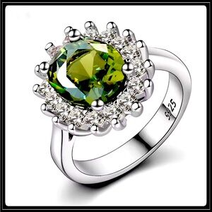 NEW 925 SILVER OLIVE GREEN PERIDOT HALO STATEMENT COCKTAIL RING